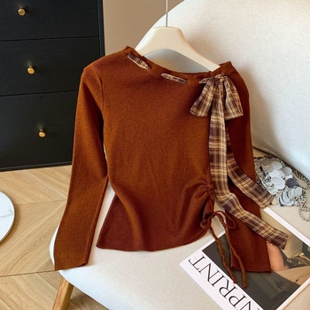 Γυναικείο μακρυμάνικο T‑shirt με patchwork καρό βελούρο και ραφές, φθινόπωρο-χειμώνα, κορεατικό στυλ, στενή γραμμή με κορδόνι στη μέση