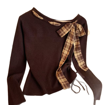 Γυναικείο μακρυμάνικο T‑shirt με patchwork καρό βελούρο και ραφές, φθινόπωρο-χειμώνα, κορεατικό στυλ, στενή γραμμή με κορδόνι στη μέση