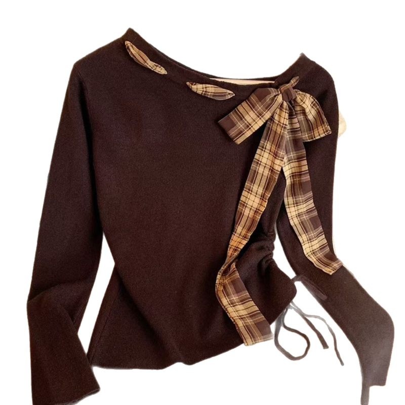 Γυναικείο μακρυμάνικο T‑shirt με patchwork καρό βελούρο και ραφές, φθινόπωρο-χειμώνα, κορεατικό στυλ, στενή γραμμή με κορδόνι στη μέση