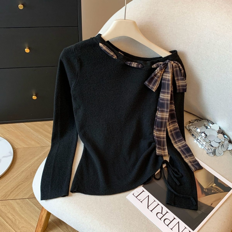 Γυναικείο μακρυμάνικο T‑shirt με patchwork καρό βελούρο και ραφές, φθινόπωρο-χειμώνα, κορεατικό στυλ, στενή γραμμή με κορδόνι στη μέση