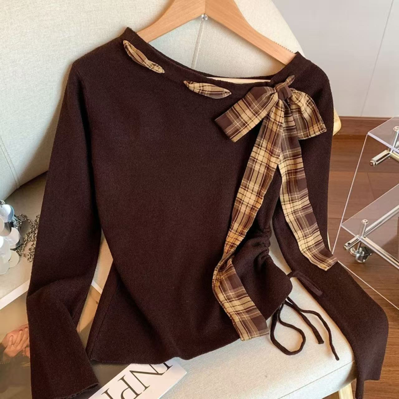 Γυναικείο μακρυμάνικο T‑shirt με patchwork καρό βελούρο και ραφές, φθινόπωρο-χειμώνα, κορεατικό στυλ, στενή γραμμή με κορδόνι στη μέση