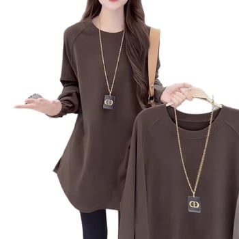 Μακρυμάνικη μπλούζα T‑shirt από βελούδο, ζεστό βασικό ρούχο για γυναίκες, μεσαίου μήκους, χαλαρή γραμμή, μεγάλο μέγεθος