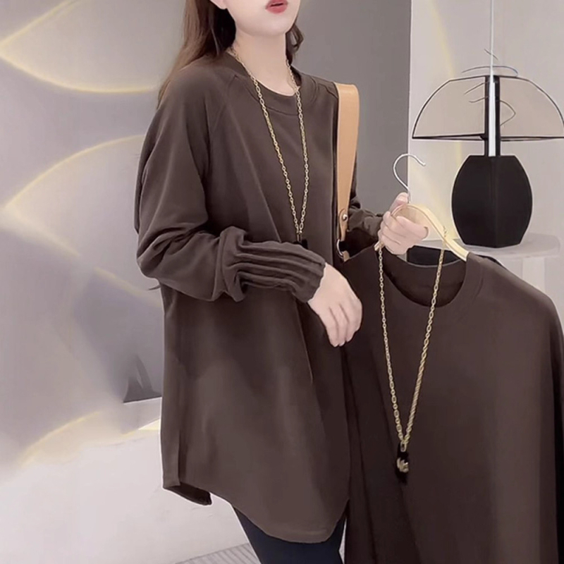 Μακρυμάνικη μπλούζα T‑shirt από βελούδο, ζεστό βασικό ρούχο για γυναίκες, μεσαίου μήκους, χαλαρή γραμμή, μεγάλο μέγεθος