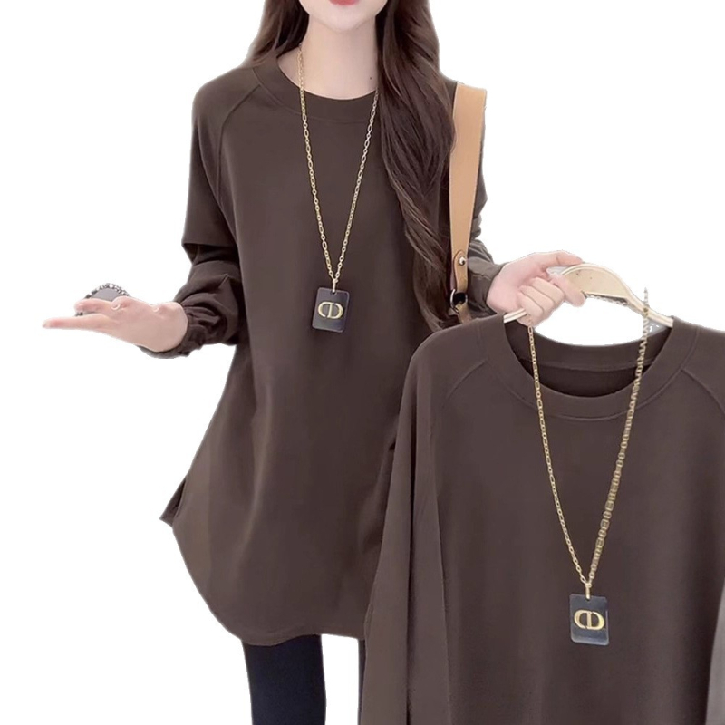 Μακρυμάνικη μπλούζα T‑shirt από βελούδο, ζεστό βασικό ρούχο για γυναίκες, μεσαίου μήκους, χαλαρή γραμμή, μεγάλο μέγεθος