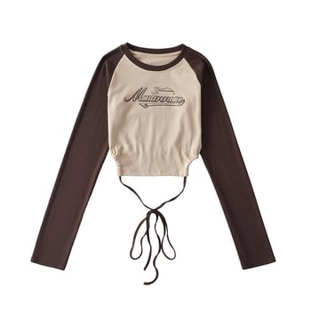 Dámske tričko s dlhými rukávmi v štýle amerického vintage, raglanové rukávy, úzky strih, ochrana proti slnku, crop top odhaľujúci pupok.