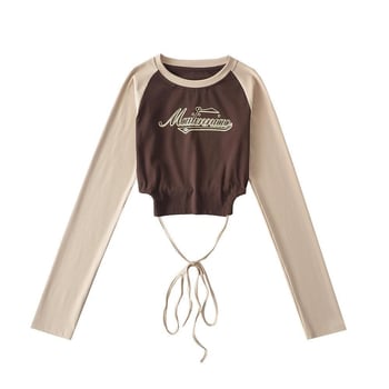 Dámske tričko s dlhými rukávmi v štýle amerického vintage, raglanové rukávy, úzky strih, ochrana proti slnku, crop top odhaľujúci pupok.