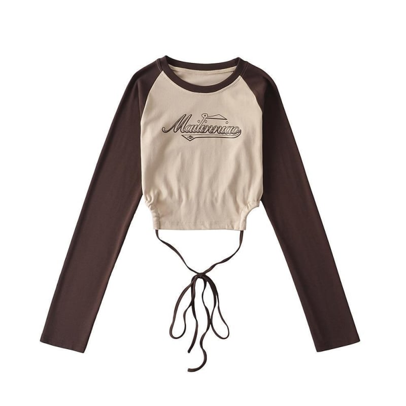 Dámske tričko s dlhými rukávmi v štýle amerického vintage, raglanové rukávy, úzky strih, ochrana proti slnku, crop top odhaľujúci pupok.