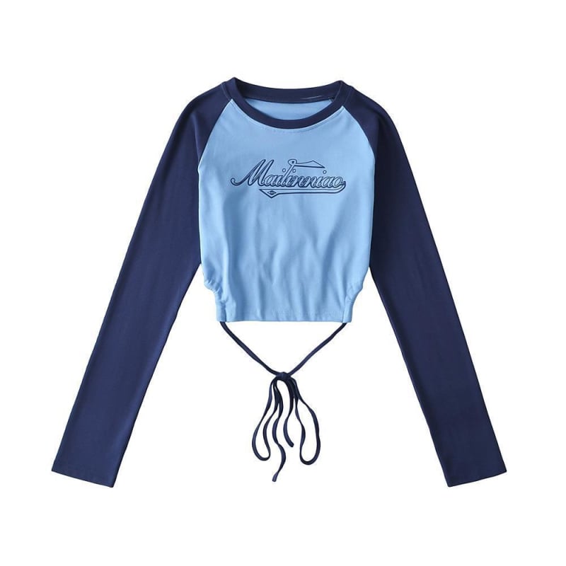 Dámske tričko s dlhými rukávmi v štýle amerického vintage, raglanové rukávy, úzky strih, ochrana proti slnku, crop top odhaľujúci pupok.