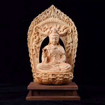 Drevené vyrezávané diela z Hinoki – Tri posvätné Budhové sochy s Bodhisattvou Guanyin, domáca dekorácia do obývačky a vstupnej haly, ručne vyrobený dar