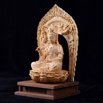 Drevené vyrezávané diela z Hinoki – Tri posvätné Budhové sochy s Bodhisattvou Guanyin, domáca dekorácia do obývačky a vstupnej haly, ručne vyrobený dar