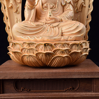 Drevené vyrezávané diela z Hinoki – Tri posvätné Budhové sochy s Bodhisattvou Guanyin, domáca dekorácia do obývačky a vstupnej haly, ručne vyrobený dar
