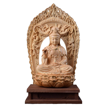 Drevené vyrezávané diela z Hinoki – Tri posvätné Budhové sochy s Bodhisattvou Guanyin, domáca dekorácia do obývačky a vstupnej haly, ručne vyrobený dar