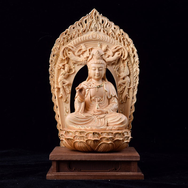 Drevené vyrezávané diela z Hinoki – Tri posvätné Budhové sochy s Bodhisattvou Guanyin, domáca dekorácia do obývačky a vstupnej haly, ručne vyrobený dar