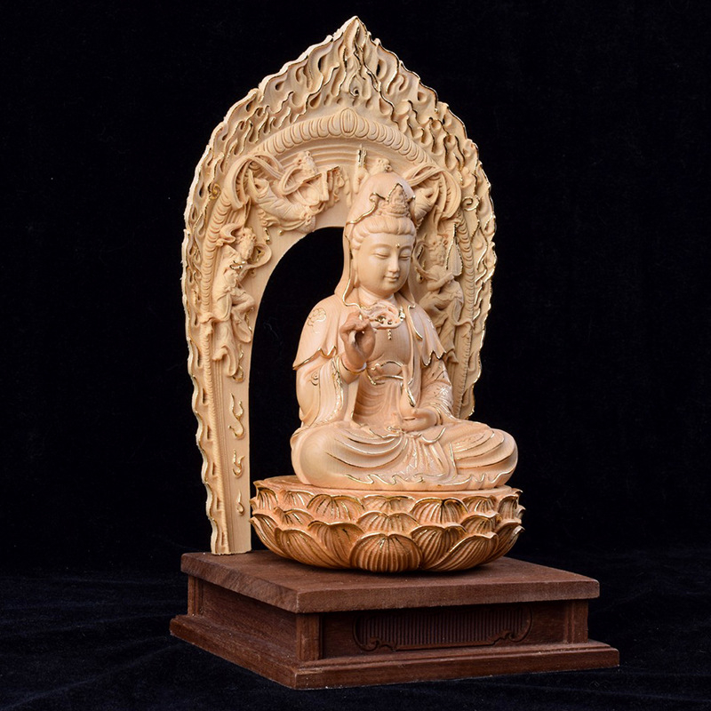 Drevené vyrezávané diela z Hinoki – Tri posvätné Budhové sochy s Bodhisattvou Guanyin, domáca dekorácia do obývačky a vstupnej haly, ručne vyrobený dar