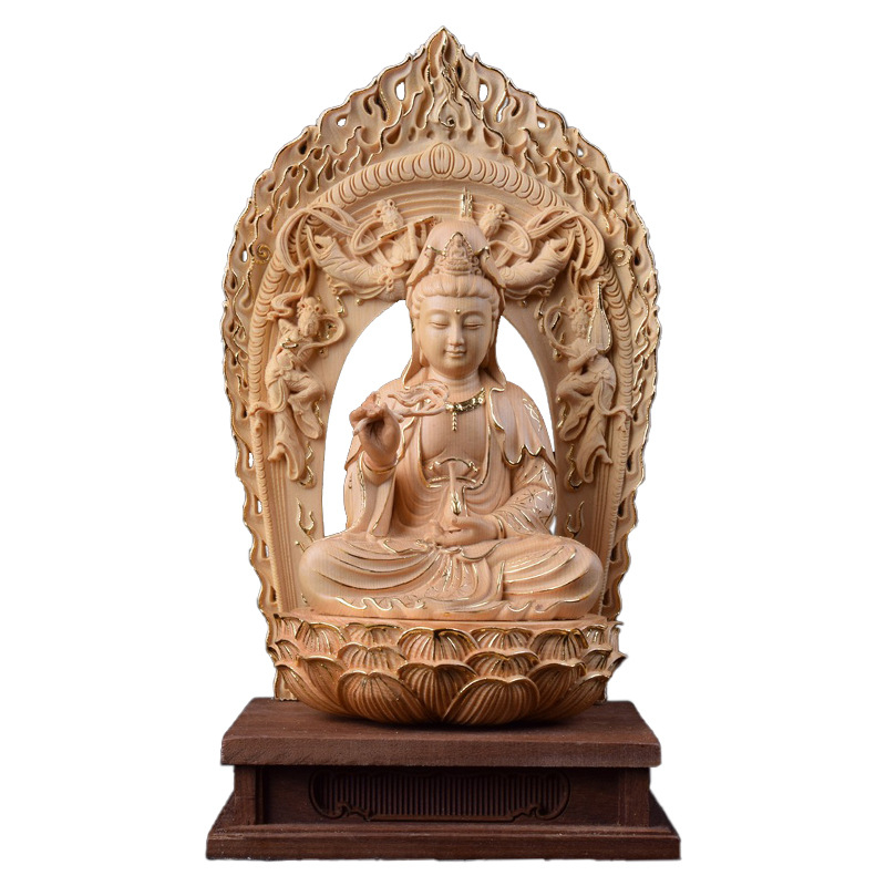 Drevené vyrezávané diela z Hinoki – Tri posvätné Budhové sochy s Bodhisattvou Guanyin, domáca dekorácia do obývačky a vstupnej haly, ručne vyrobený dar