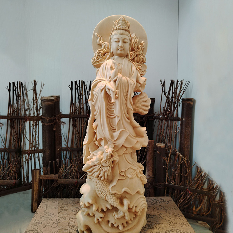 Drevené vyrezávané diela z Hinoki – Tri posvätné Budhové sochy s Bodhisattvou Guanyin, domáca dekorácia do obývačky a vstupnej haly, ručne vyrobený dar