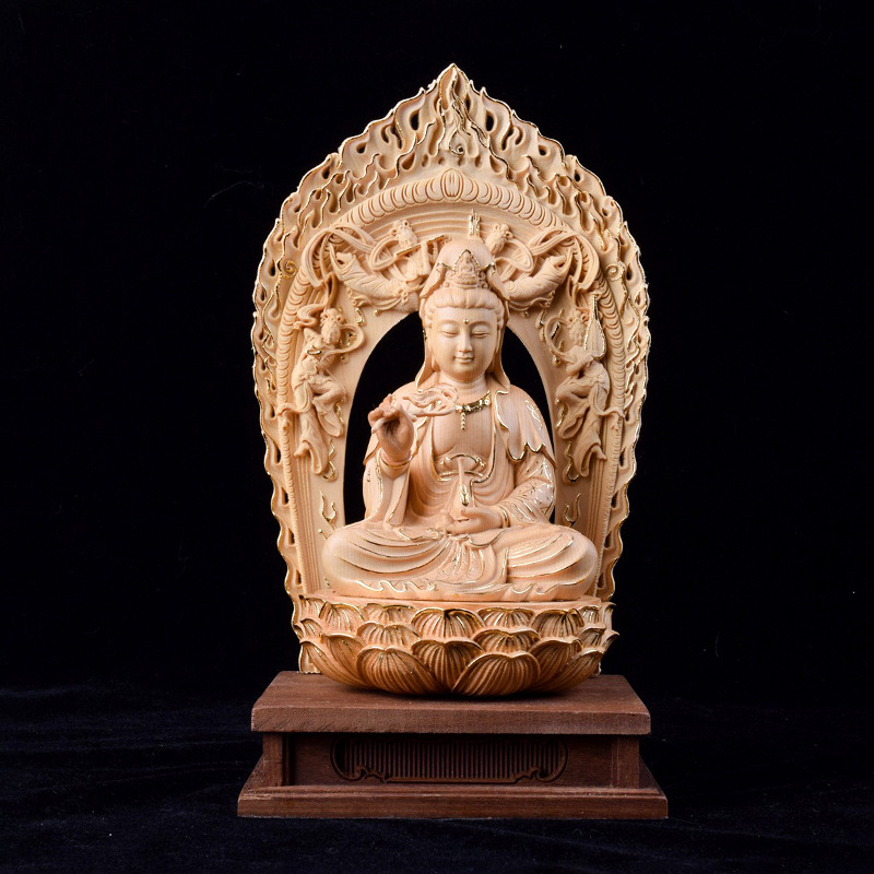 Drevené vyrezávané diela z Hinoki – Tri posvätné Budhové sochy s Bodhisattvou Guanyin, domáca dekorácia do obývačky a vstupnej haly, ručne vyrobený dar