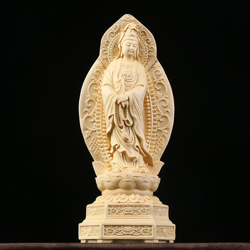 Drevené vyrezávané diela z Hinoki – Tri posvätné Budhové sochy s Bodhisattvou Guanyin, domáca dekorácia do obývačky a vstupnej haly, ručne vyrobený dar