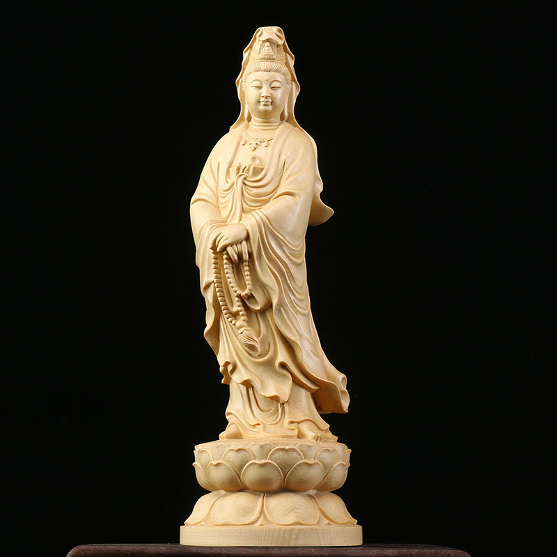 Drevené vyrezávané diela z Hinoki – Tri posvätné Budhové sochy s Bodhisattvou Guanyin, domáca dekorácia do obývačky a vstupnej haly, ručne vyrobený dar