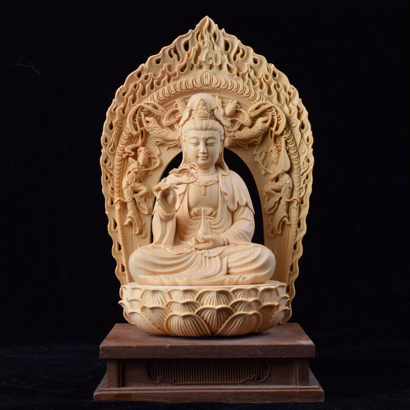 Drevené vyrezávané diela z Hinoki – Tri posvätné Budhové sochy s Bodhisattvou Guanyin, domáca dekorácia do obývačky a vstupnej haly, ručne vyrobený dar