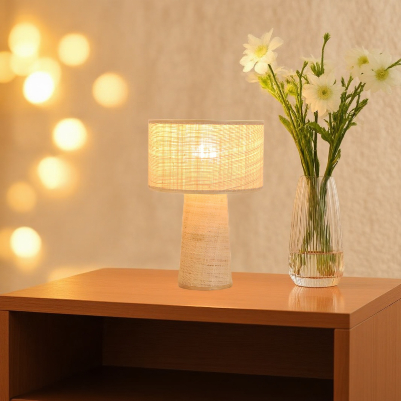 Stolná lampa z raffie v štýle Wabi-Sabi, s bambusovou základňou, LED, vhodná do obývačky a spálne