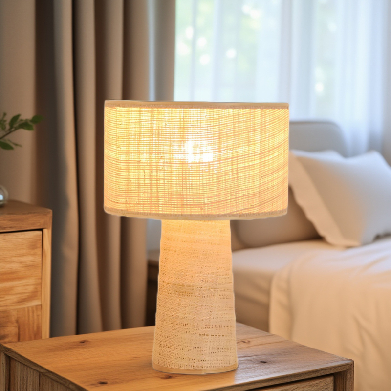 Stolná lampa z raffie v štýle Wabi-Sabi, s bambusovou základňou, LED, vhodná do obývačky a spálne