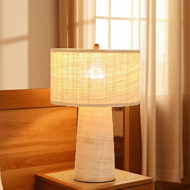 Stolná lampa z raffie v štýle Wabi-Sabi, s bambusovou základňou, LED, vhodná do obývačky a spálne