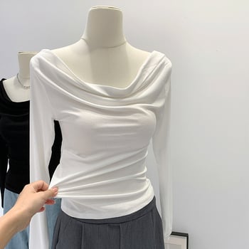 2026 skorá jar, kórejský štýl, elegantný sladko-pikantný top s odhalenými ramenami, asymetrickým výstrihom, dlhé rukávy, úzka silueta