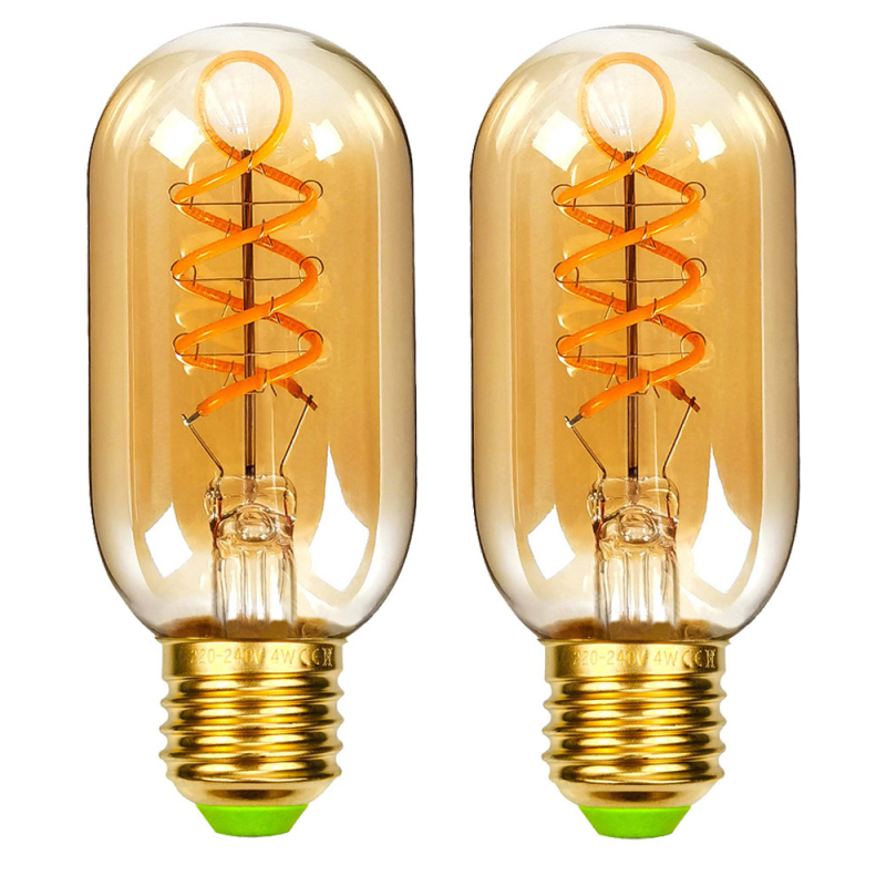 Δύο σετ σπειροειδών LED λαμπτήρων filament τύπου T45, ρετρό ζεστό φως, βιομηχανικού στυλ σωλήνας φωτισμού, βάση E27, ρύθμιση φωτεινότητας