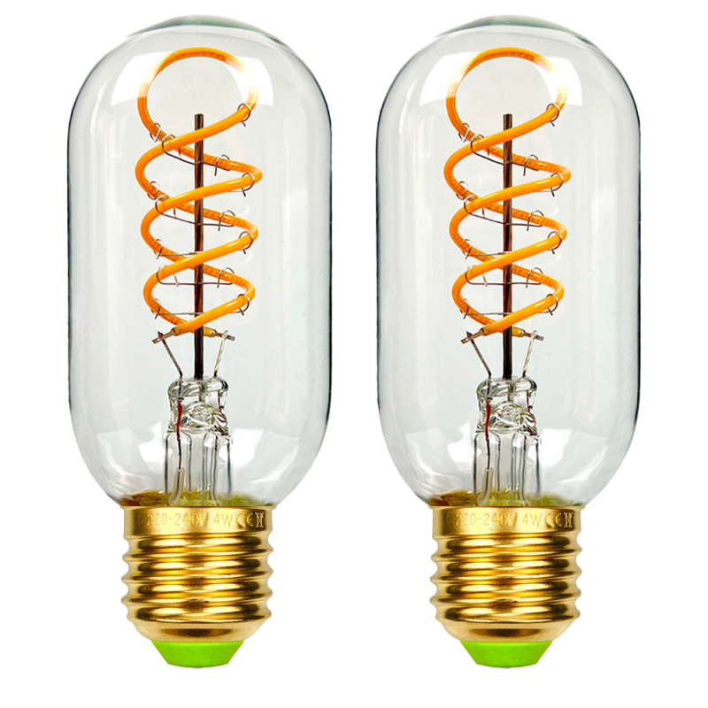 Δύο σετ σπειροειδών LED λαμπτήρων filament τύπου T45, ρετρό ζεστό φως, βιομηχανικού στυλ σωλήνας φωτισμού, βάση E27, ρύθμιση φωτεινότητας