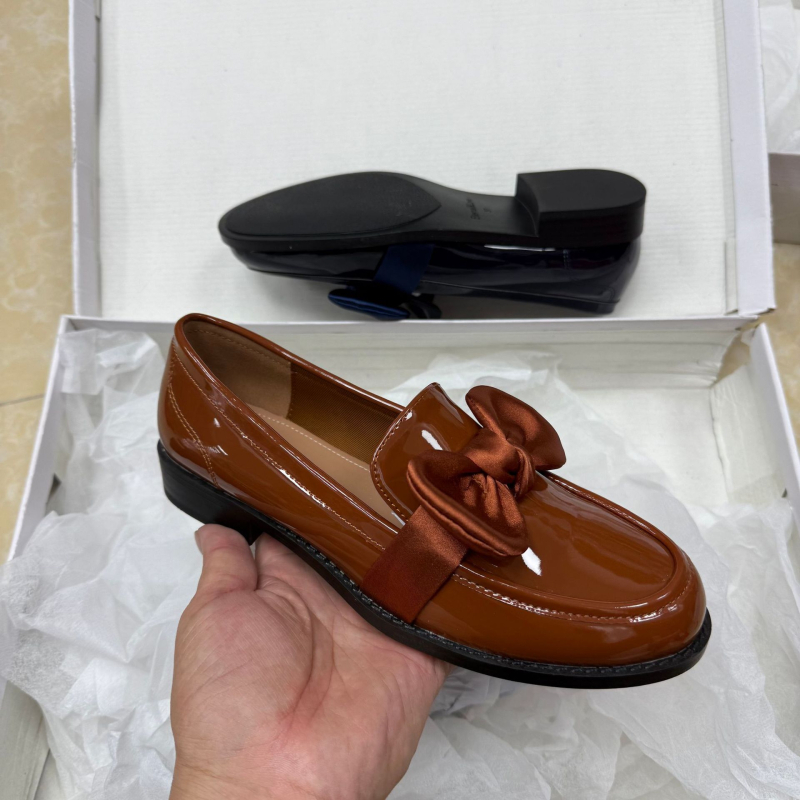 Γυναικείοι δερμάτινοι loafers με φιόγκο, βρετανικό στυλ, ευέλικτοι, ρετρό χοντρό τακούνι, casual παπούτσια με χαμηλό τακούνι