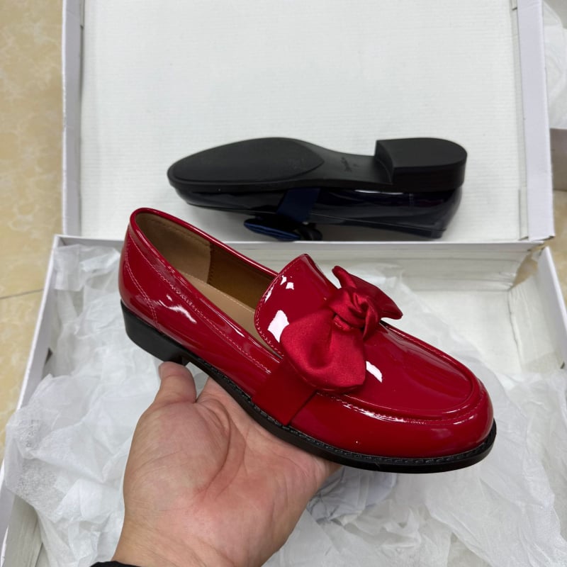 Γυναικείοι δερμάτινοι loafers με φιόγκο, βρετανικό στυλ, ευέλικτοι, ρετρό χοντρό τακούνι, casual παπούτσια με χαμηλό τακούνι