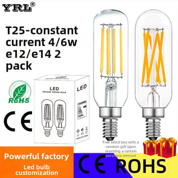 LED Edison λαμπτήρας T25 με φιλμ, 110V, 4–6W, ρετρό γυάλινο σώμα, βάση E12/E14, ρυθμιζόμενος φωτισμός, 360° δέσμη, CRI 80–90