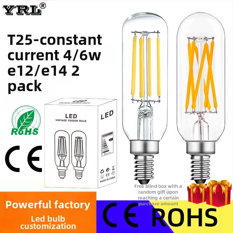 LED Edison λαμπτήρας T25 με φιλμ, 110V, 4–6W, ρετρό γυάλινο σώμα, βάση E12/E14, ρυθμιζόμενος φωτισμός, 360° δέσμη, CRI 80–90