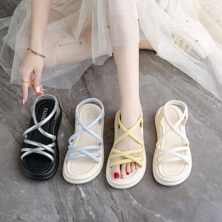 Női vastag talpú római szandálok, 2025 nyár, puha talp, keresztpántok, tündér-stílus, strandcipők