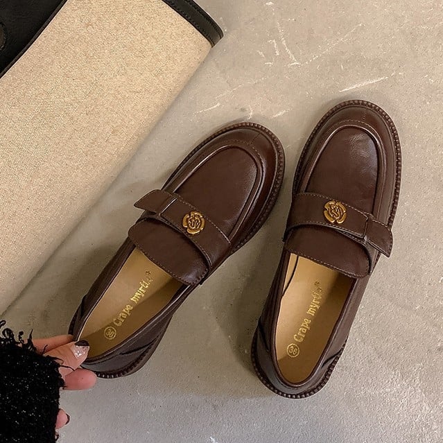 Kožené loafery s caméliou, ručne vyrábané, dámske topánky v britskom štýle, Slip-On