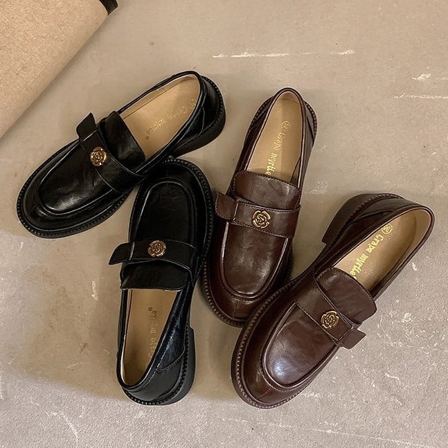 Kožené loafery s caméliou, ručne vyrábané, dámske topánky v britskom štýle, Slip-On