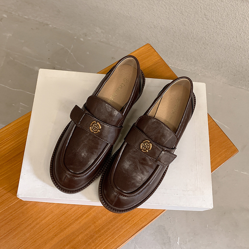 Kožené loafery s caméliou, ručne vyrábané, dámske topánky v britskom štýle, Slip-On