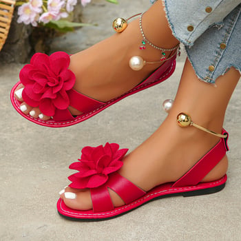 Sandale damă slip-on cu perle, talpă plată, design floral
