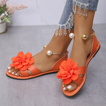 Sandale damă slip-on cu perle, talpă plată, design floral