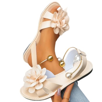 Sandale damă slip-on cu perle, talpă plată, design floral