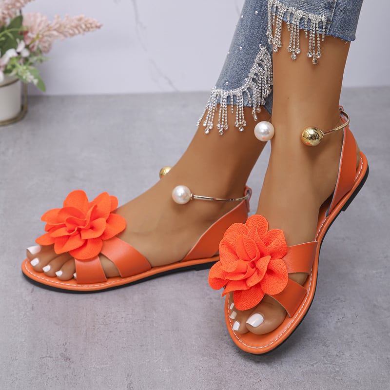 Sandale damă slip-on cu perle, talpă plată, design floral