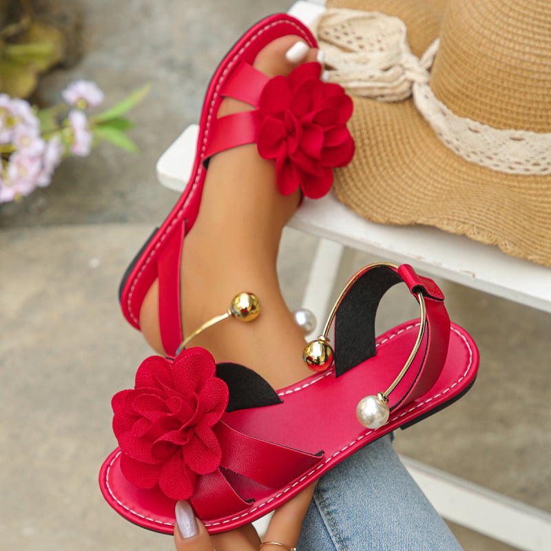 Sandale damă slip-on cu perle, talpă plată, design floral