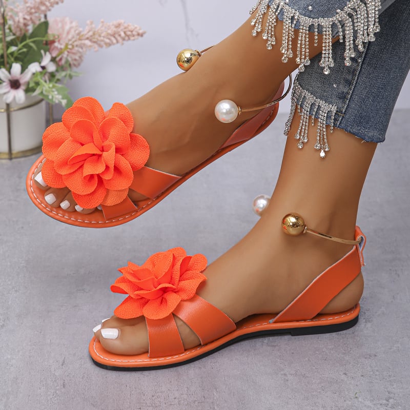 Sandale damă slip-on cu perle, talpă plată, design floral