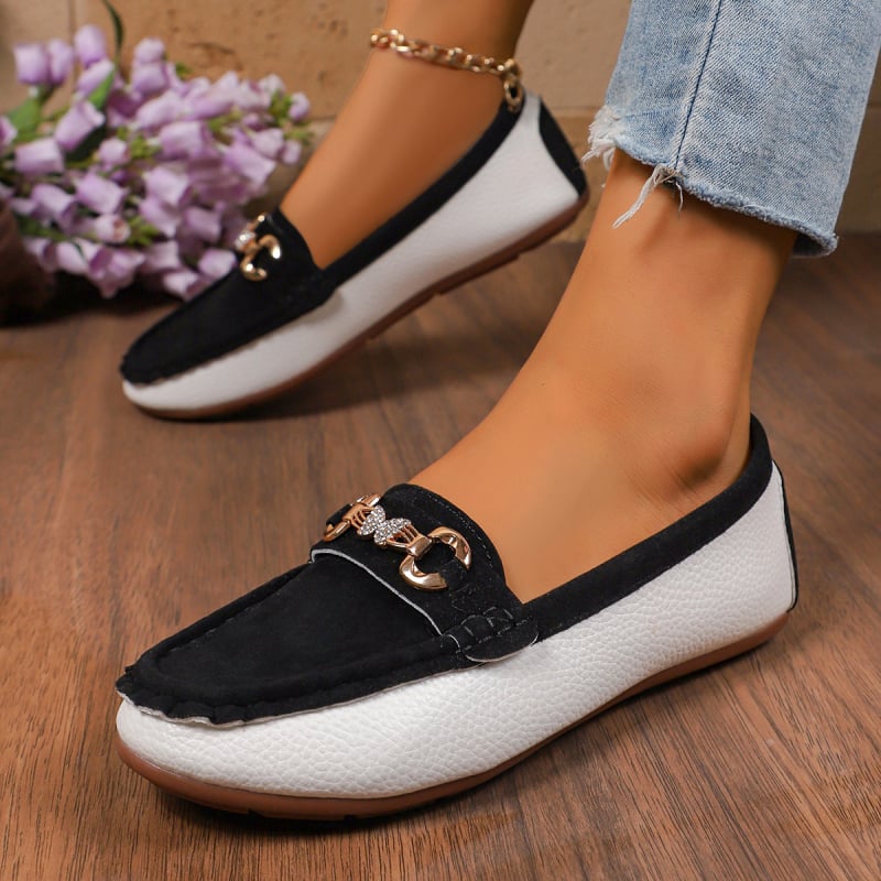 Dámske loafers s kovovou sponou, semišový vršok, 2026 nový model, britský retro štýl, okrúhla špička, nízky podpätok, gumová podrážka