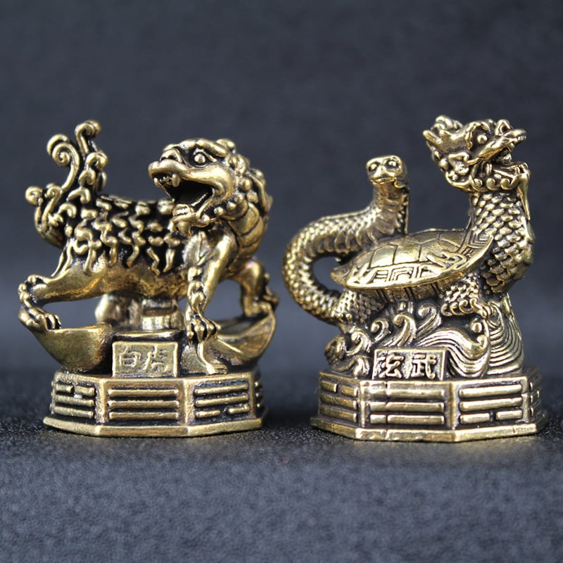 Латунни декоративни фигури: Четирите китайски митологични зверове – Azure Dragon, White Tiger, Vermilion Bird, Black Tortoise