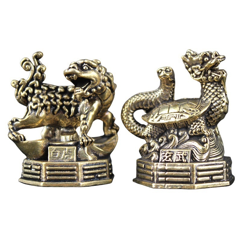 Латунни декоративни фигури: Четирите китайски митологични зверове – Azure Dragon, White Tiger, Vermilion Bird, Black Tortoise