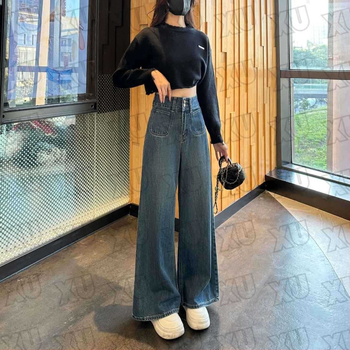 Vintage dámske džínsy s fleecovou podšívkou, široké nohavice, vysoký pás, rovný strih, denim A2588