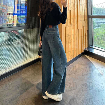 Vintage dámske džínsy s fleecovou podšívkou, široké nohavice, vysoký pás, rovný strih, denim A2588