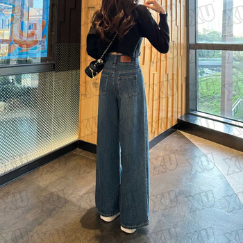 Vintage dámske džínsy s fleecovou podšívkou, široké nohavice, vysoký pás, rovný strih, denim A2588